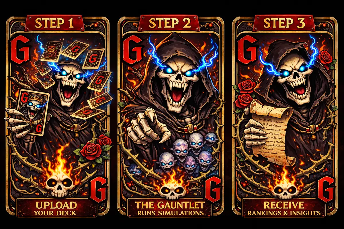 Step 1: Upload Your Deck — Step 2: AI Gauntlet Runs Simulations — Step 3: Receive Rankings & Insights